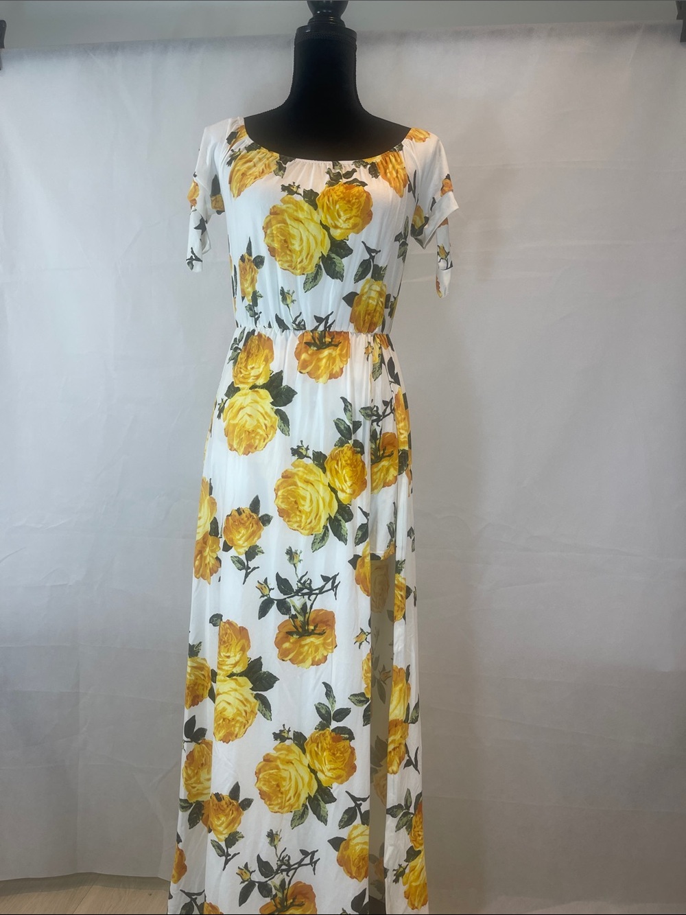 Vibe White Maxi Dress with Yellow Rose Print and Tie Sleeves - Picture 11 of 13